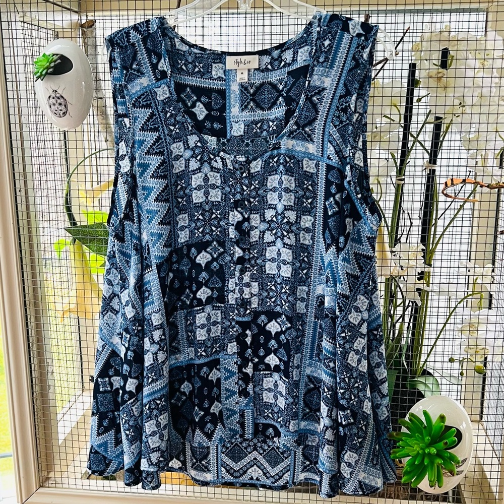 Style & Co Women's Blue Patterned A Line Sleeveless Top XL